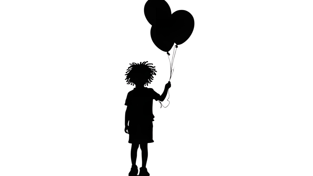 Black silhouette of a child holding balloons against a white background