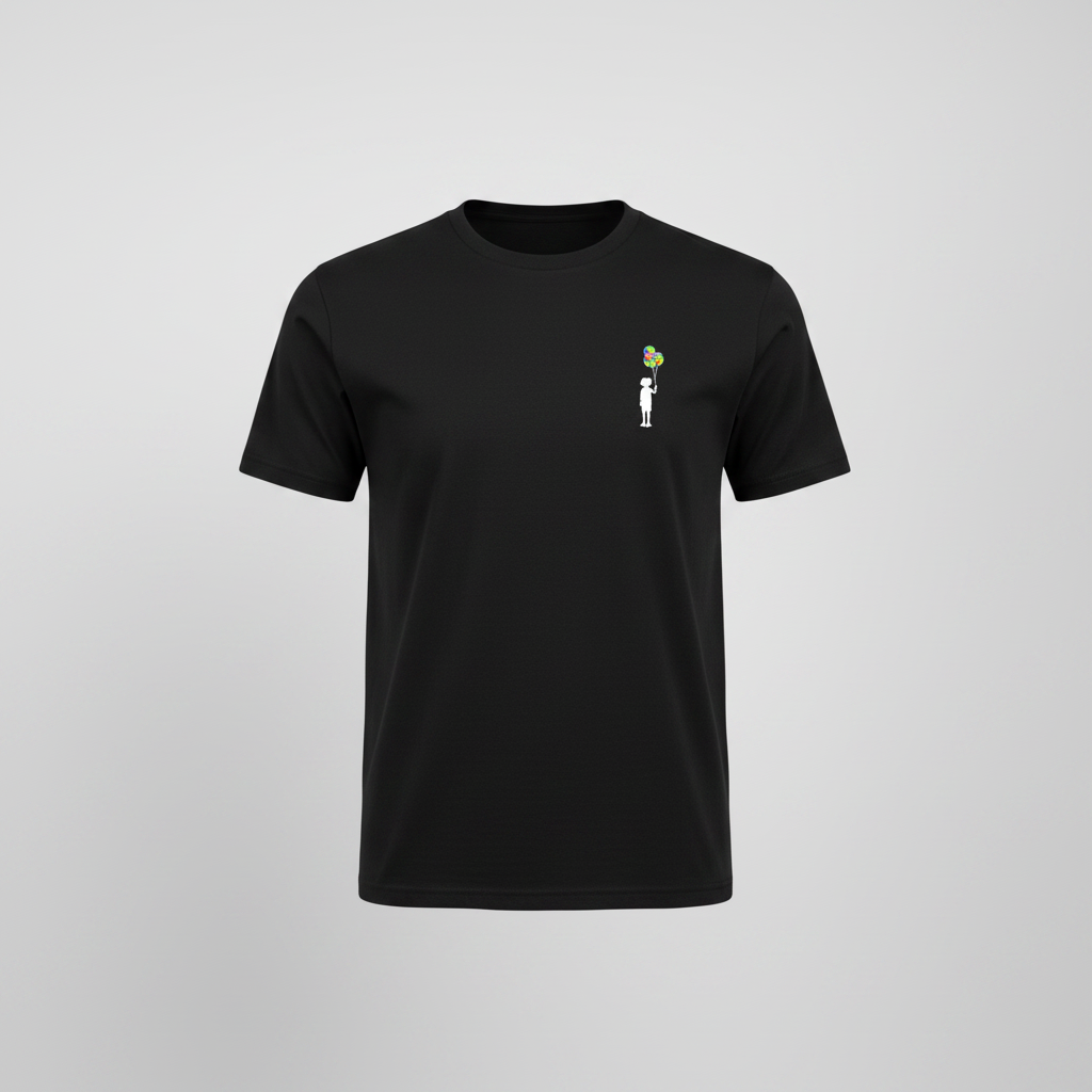 Black t-shirt with a small white graphic on a white background