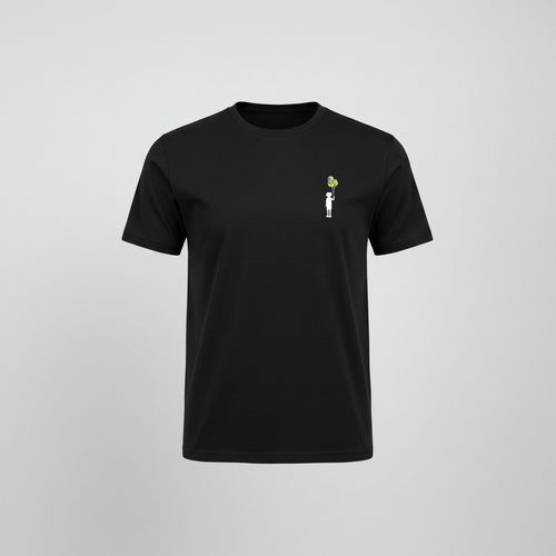 Black t-shirt with a small white graphic on a white background